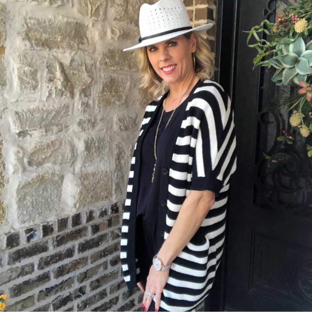 Cabi Whistle Black and White Knit Striped Cardigan
